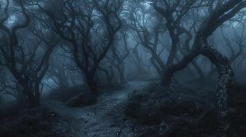 A misty forest path with twisted trees, evoking a mysterious and eerie atmosphere. photo