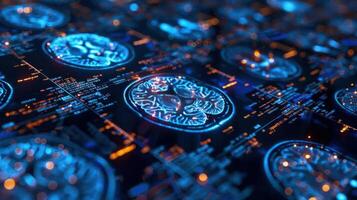 A digital representation of cryptocurrency coins with glowing circuits and data patterns. photo