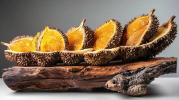 A display of durian fruit halves arranged on a wooden base. photo