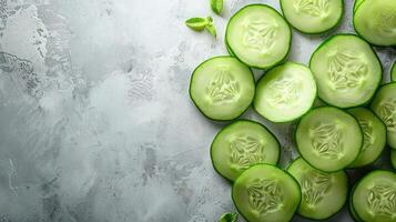 Sliced cucumbers arranged on a textured surface, showcasing freshness and healthy eating. photo