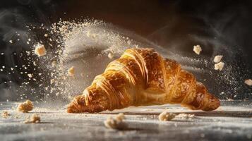 A freshly baked croissant surrounded by flour and crumbs, highlighting its flaky texture. photo