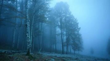 A misty forest scene with tall trees shrouded in fog, creating an eerie atmosphere. photo