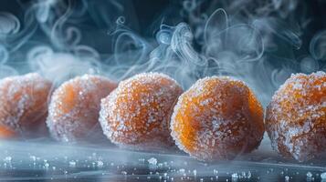 A close-up of sugar-coated balls surrounded by mist, showcasing a dessert presentation. photo