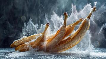 A dynamic image of bananas surrounded by a cloud of sugar, creating an artistic effect. photo