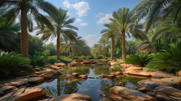 A serene oasis featuring palm trees and a tranquil pond surrounded by rocks and lush greenery. photo