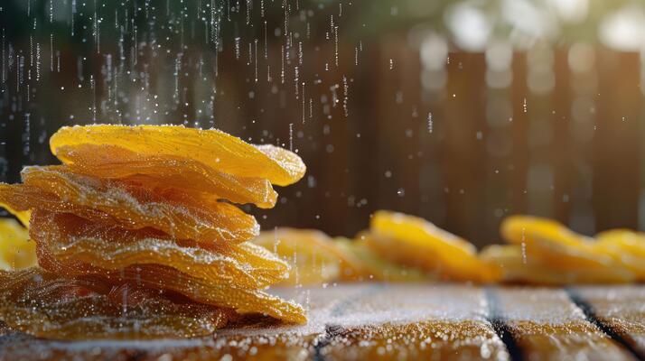 A close-up of stacked dried mango slices with droplets of water, highlighting freshness.