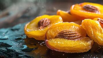 Close-up of dried peach slices with a glossy surface and visible pits. photo