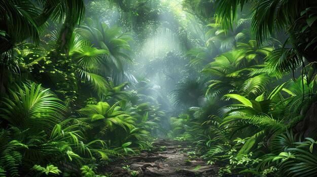 A lush jungle path illuminated by soft light, inviting exploration and connection with nature. photo