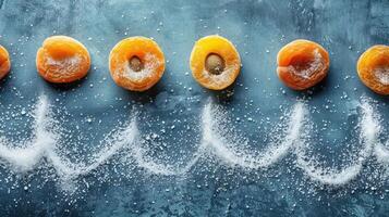 Dried apricots arranged with a sprinkle of salt on a textured surface. photo