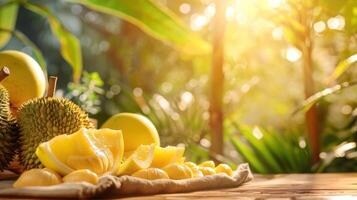 A vibrant display of fresh fruits, including durian and lemons, in a sunlit tropical setting. photo