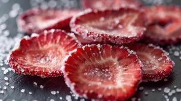 Slices of dried strawberries coated in sugar on a dark surface. photo