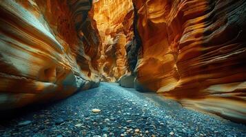 A stunning canyon with vibrant orange and yellow rock formations and a pebbled pathway. photo