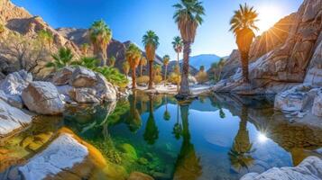 A serene oasis with palm trees reflecting in tranquil waters under a bright blue sky. photo