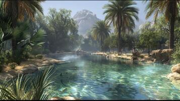 A serene landscape featuring a tranquil river surrounded by lush vegetation and mountains. photo
