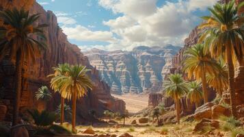 A serene desert landscape with palm trees and towering rock formations under a blue sky. photo