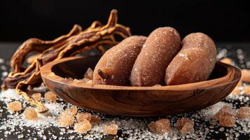A wooden bowl filled with sweet treats and sugar, surrounded by decorative elements. photo