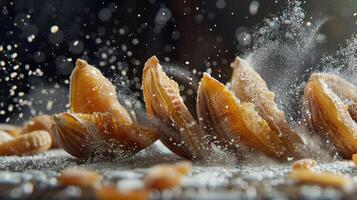 A close-up of cracked nuts releasing dust and particles in a dynamic, textured scene. photo