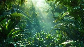 Lush tropical jungle with sunlight filtering through dense foliage. photo