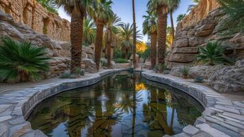Serene oasis with palm trees and reflective water surrounded by rocky formations. photo