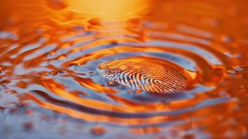 A close-up of a fingerprint creating ripples in a colorful liquid. photo
