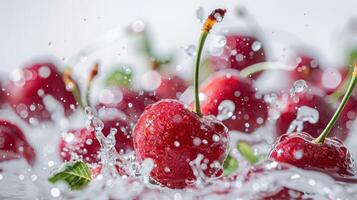 Fresh cherries splashing in water, showcasing vibrant colors and refreshing nature. photo