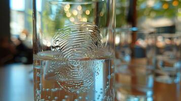 A glass of sparkling water with a fingerprint visible in the bubbles. photo