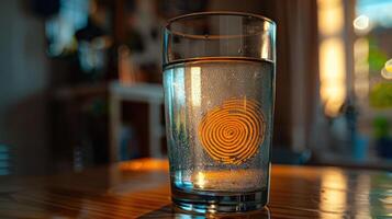 A glass of water with condensation and a circular design, illuminated by soft light. photo