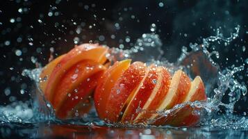 Sliced apples create splashes in water, showcasing freshness and vitality. photo