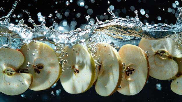 Sliced apples submerged in water, creating dynamic splashes and bubbles. photo