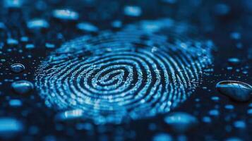 A close-up of a fingerprint pattern surrounded by droplets on a dark surface. photo