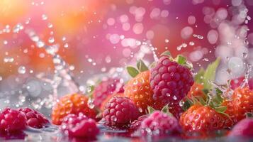 Fresh raspberries splashing in water, creating a vibrant and colorful scene. photo