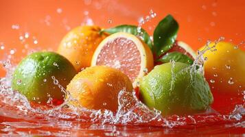 Fresh citrus fruits splashing in water against a vibrant orange background. photo