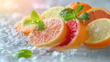 Fresh citrus fruits with mint splashing in water, evoking a refreshing, vibrant atmosphere. photo