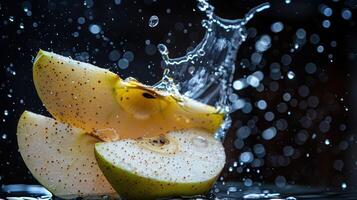 Slices of green apple splashing in water, creating a dynamic and refreshing visual effect. photo