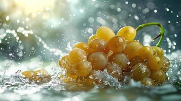 A cluster of yellow grapes splashes in water, creating a refreshing and vibrant scene. photo