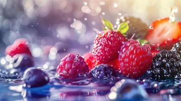 Fresh berries splashing in water, creating a vibrant and refreshing scene. photo