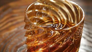 A close-up of a swirling amber glass, reflecting light and showcasing its unique design. photo