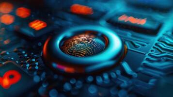 A close-up of a fingerprint scanner on a circuit board, highlighting technology and security. photo