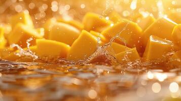 Fresh mango chunks splashing in a vibrant liquid, showcasing a refreshing and juicy appeal. photo