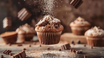 A delicious chocolate cupcake floating with powdered sugar and chocolate pieces around it. photo