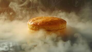 A golden biscuit surrounded by swirling steam, evoking warmth and comfort. photo