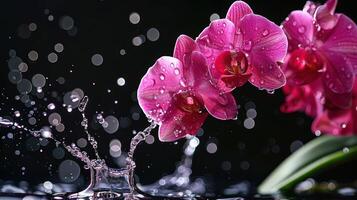 A vibrant orchid flower splashed with water droplets, creating a refreshing visual effect. photo