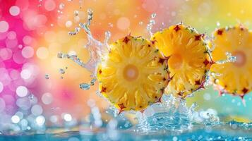 Fresh pineapple slices splashing in water with a colorful background. photo