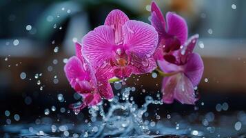 un vibrante monitor de rosado orquídeas con salpicaduras agua gotas, exhibiendo de la naturaleza belleza. foto