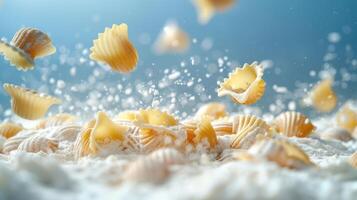Pasta shells in motion, surrounded by flour, creating a dynamic food scene. photo