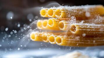 A close-up of uncooked pasta with a sprinkle of flour, highlighting its texture and shape. photo