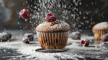 A muffin topped with raspberries, dusted with powdered sugar, surrounded by scattered ingredients. photo