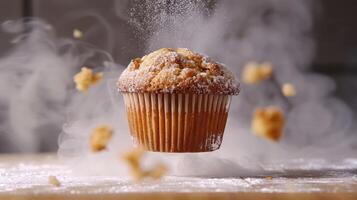 A floating muffin dusted with powdered sugar, creating a whimsical culinary scene. photo