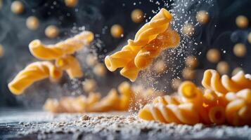 A dynamic scene of pasta swirling in the air, with flour and particles creating a lively atmosphere. photo