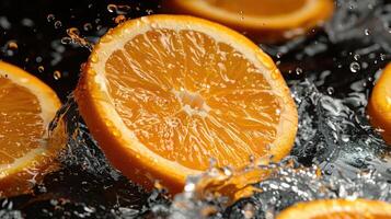 Juicy orange slices splashing in water, showcasing freshness and vibrancy. photo